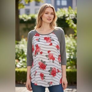 Torrid Gray and Red Floral Stripe Blouse